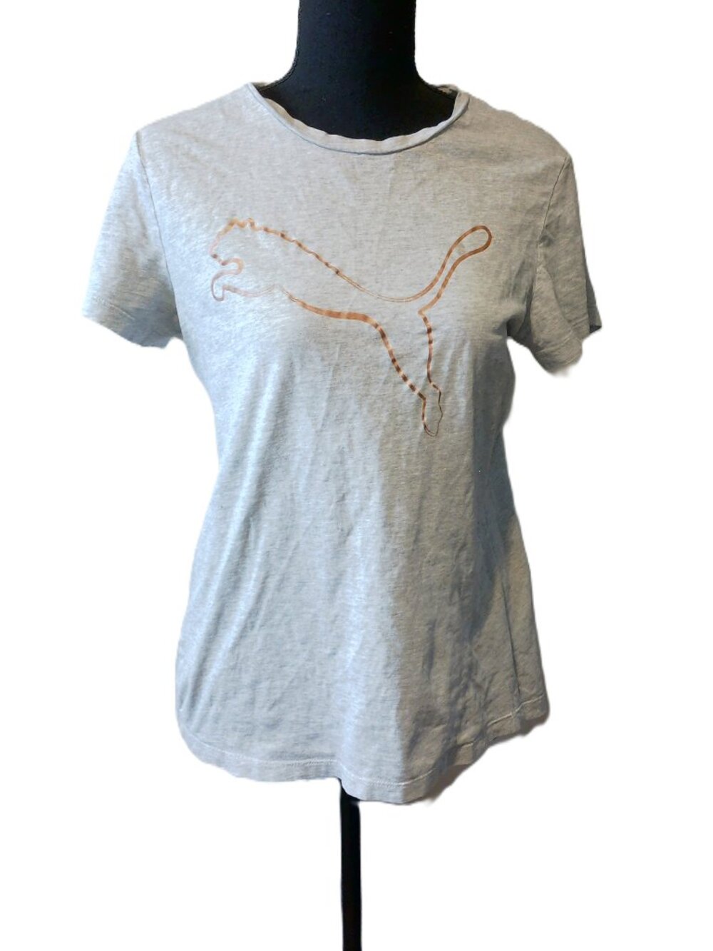 PUMA Women Large Grey Short Sleeve Tee Metallic Rose Gold Cat Logo Shirt